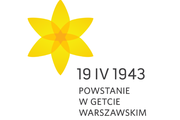 Na białym tle graficzny symbol przedstawiający żonkila. Poniżej, obok czarny napis „19 IV 1943 POWSTANIE W GETCIE WARSZAWSKIM”
