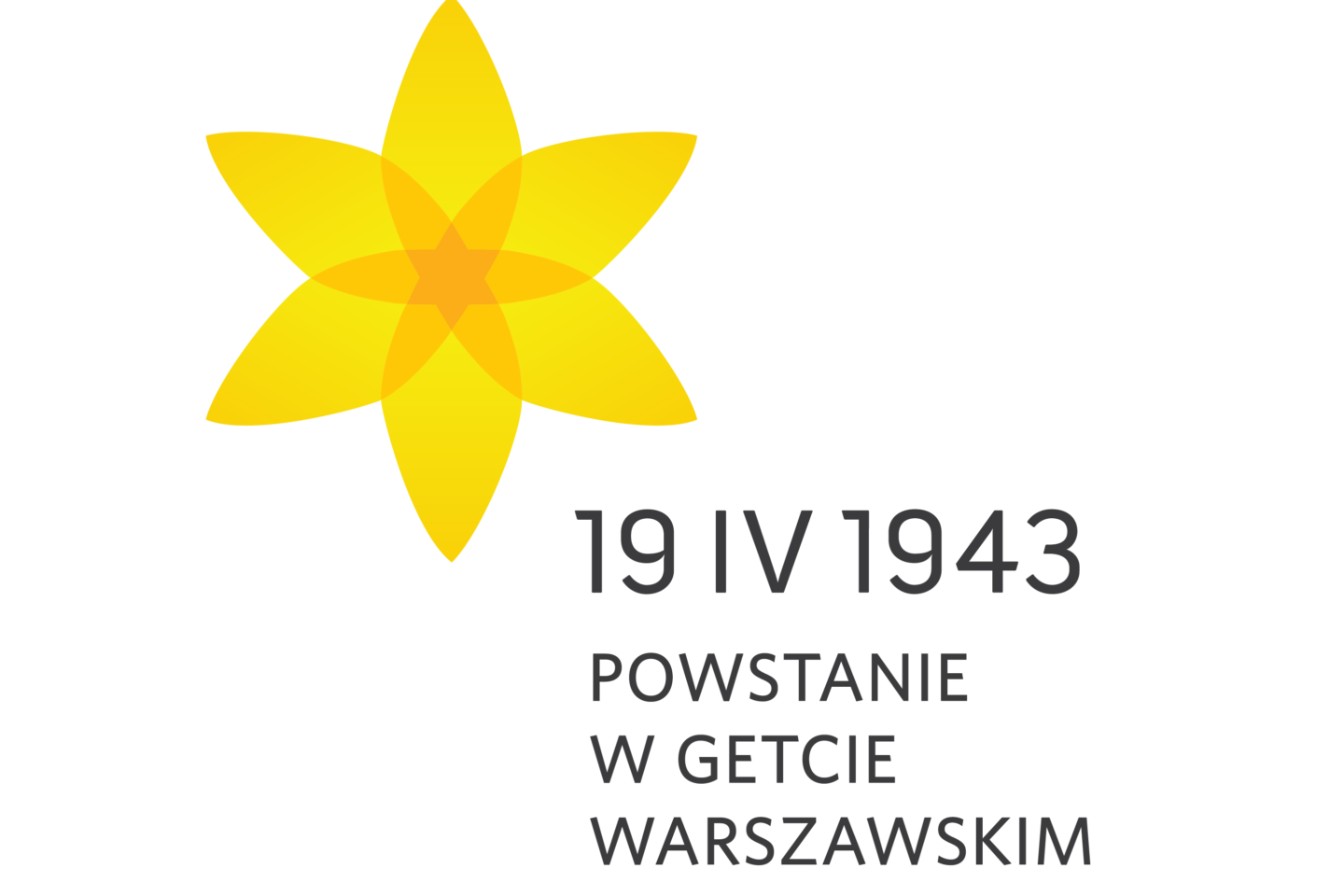 Na białym tle graficzny symbol przedstawiający żonkila. Poniżej, obok czarny napis „19 IV 1943 POWSTANIE W GETCIE WARSZAWSKIM”