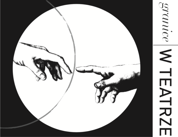 Logo projektu. W białym kole umieszczonym na czarnym tle, umieszczono dłonie z fresku STWORZENIE ADAMA. Pomiędzy dłoniami przebiega kreska. Obok na białym tle napis "granice w teatrze"