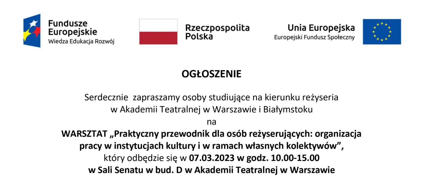 Grafika. Na białym tle pasek logotypów: Fundusze Europejskie, Rzeczpospolita Polska, Europejski Fundusz Społeczny Unii Europejskiej. Poniżej ogłoszenie: 